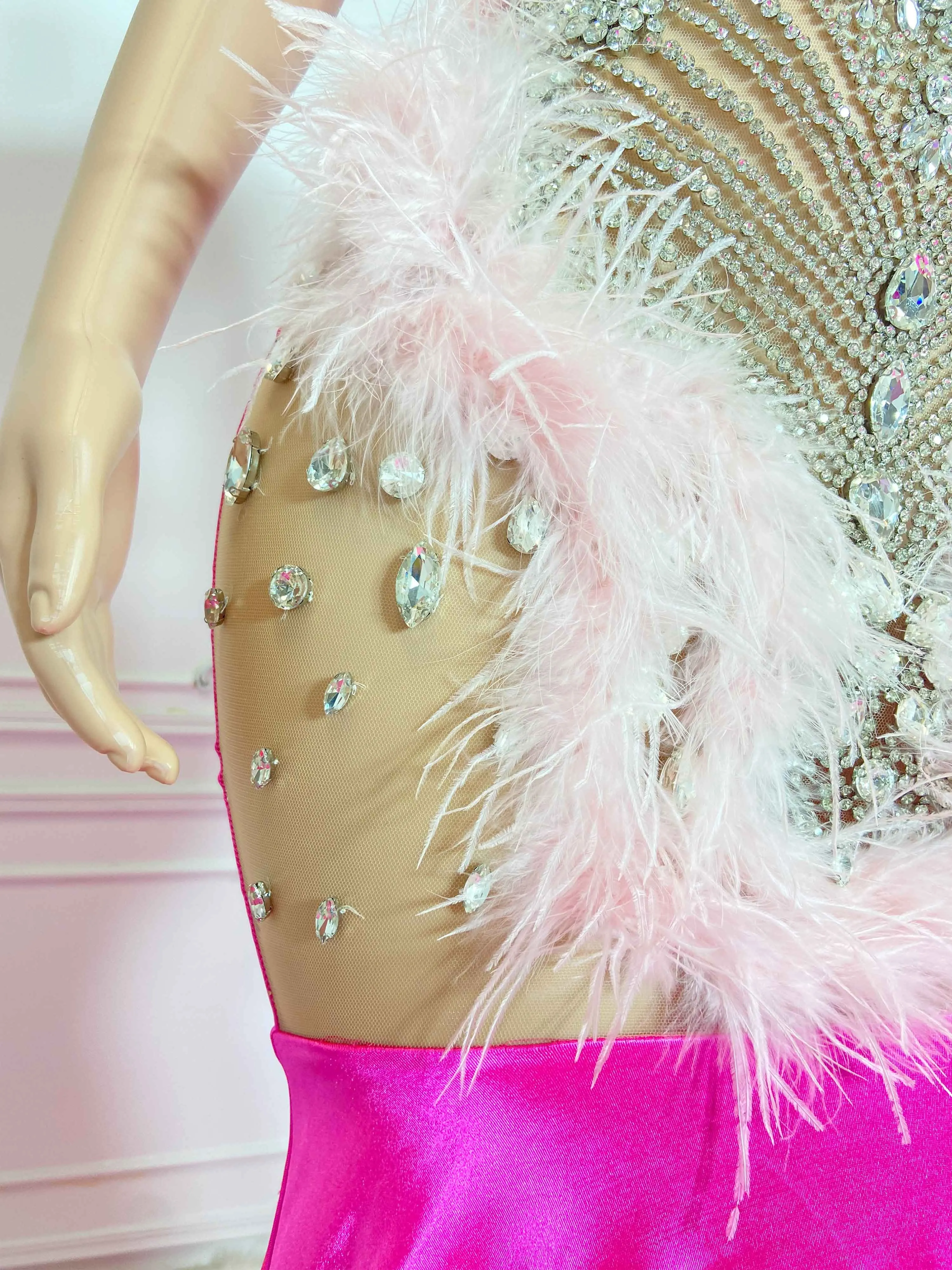 Rosy Satin Feathered Glamour Gowns