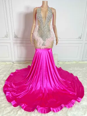 Rosy Satin Feathered Glamour Gowns