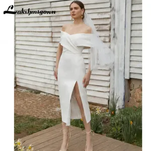Roycebridal 2022 New Arrival Simple Satin Short Wedding Dress Long Sexy Sleeve Beautiful Atmosphere Creasing Slim Wedding Gown