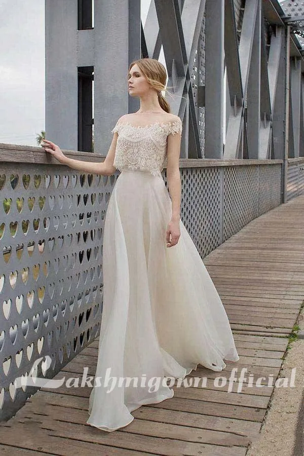Roycebridal Two Piece BOHO Wedding Dresses Lace Appliques Bodice Illusion Neckline Chiffon A Line Romantic Bohemian Bridal Dresses Summer