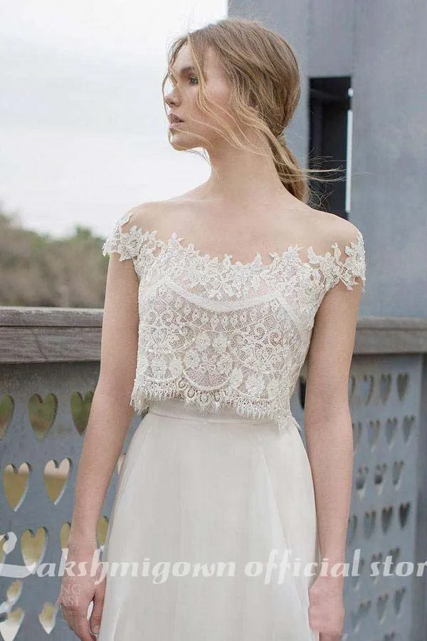 Roycebridal Two Piece BOHO Wedding Dresses Lace Appliques Bodice Illusion Neckline Chiffon A Line Romantic Bohemian Bridal Dresses Summer