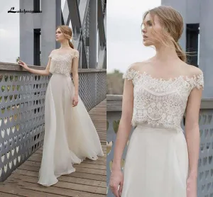 Roycebridal Two Piece BOHO Wedding Dresses Lace Appliques Bodice Illusion Neckline Chiffon A Line Romantic Bohemian Bridal Dresses Summer