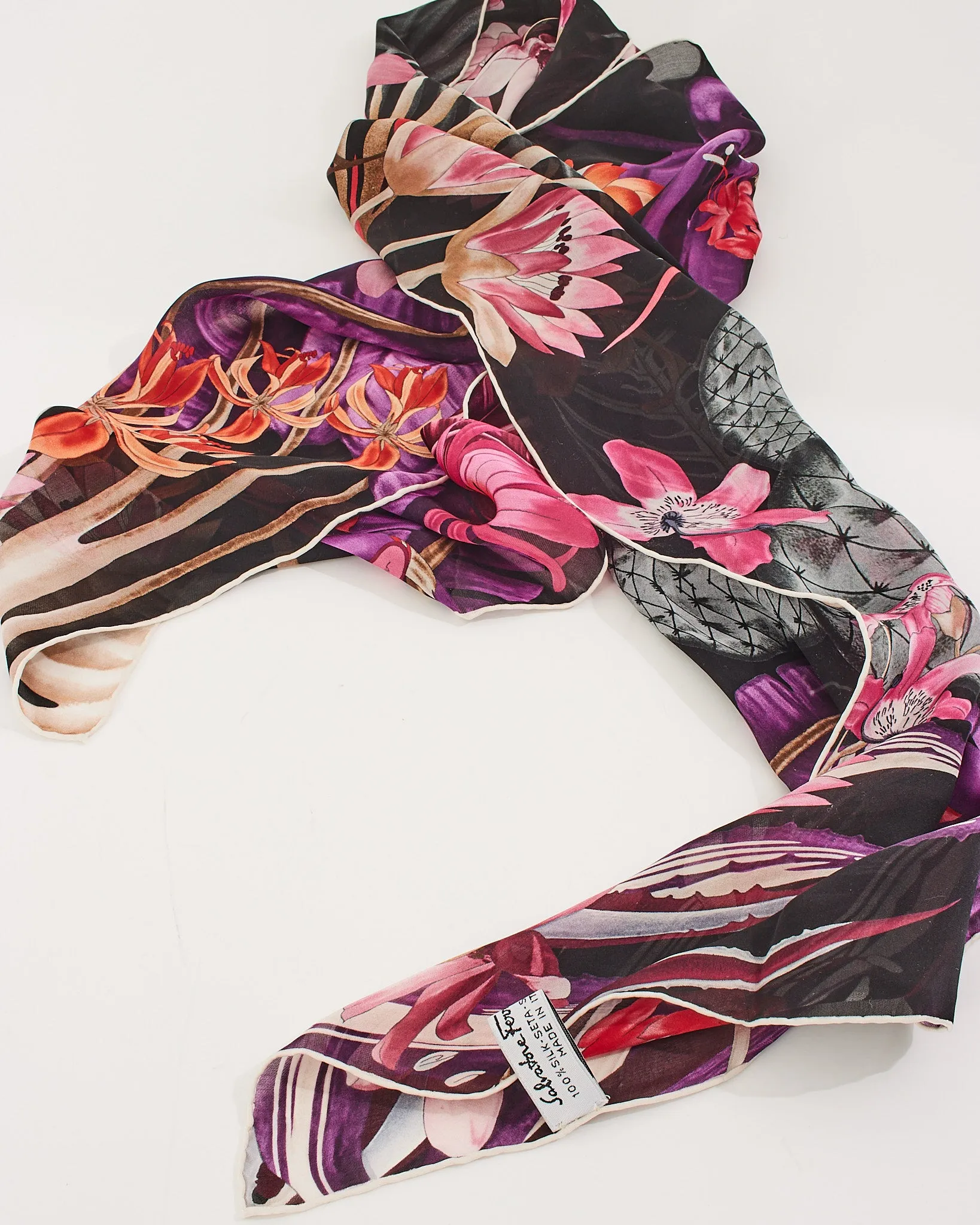 Salvatore Ferragamo Black/Purple Orchidea Silk Scarf
