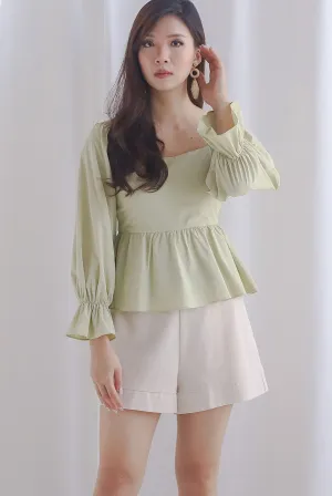 Santino Puffy Sleeve Square Neckline Peplum Top In Pistachio