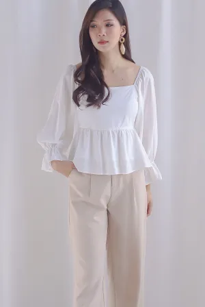 Santino Puffy Sleeve Square Neckline Peplum Top In White