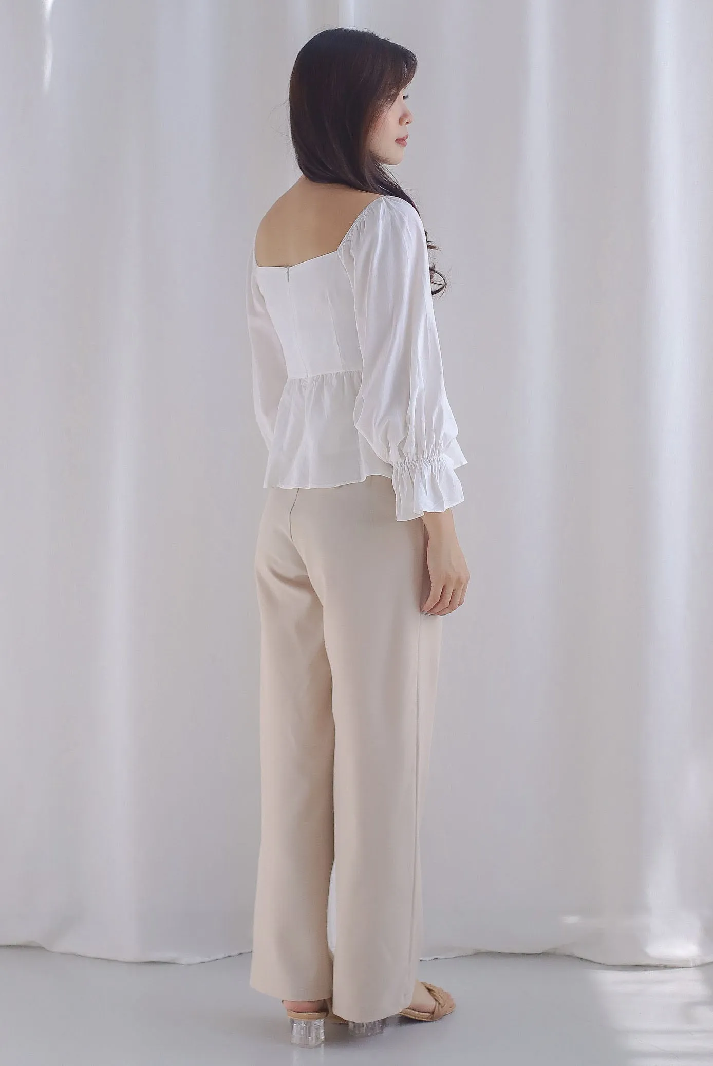 Santino Puffy Sleeve Square Neckline Peplum Top In White
