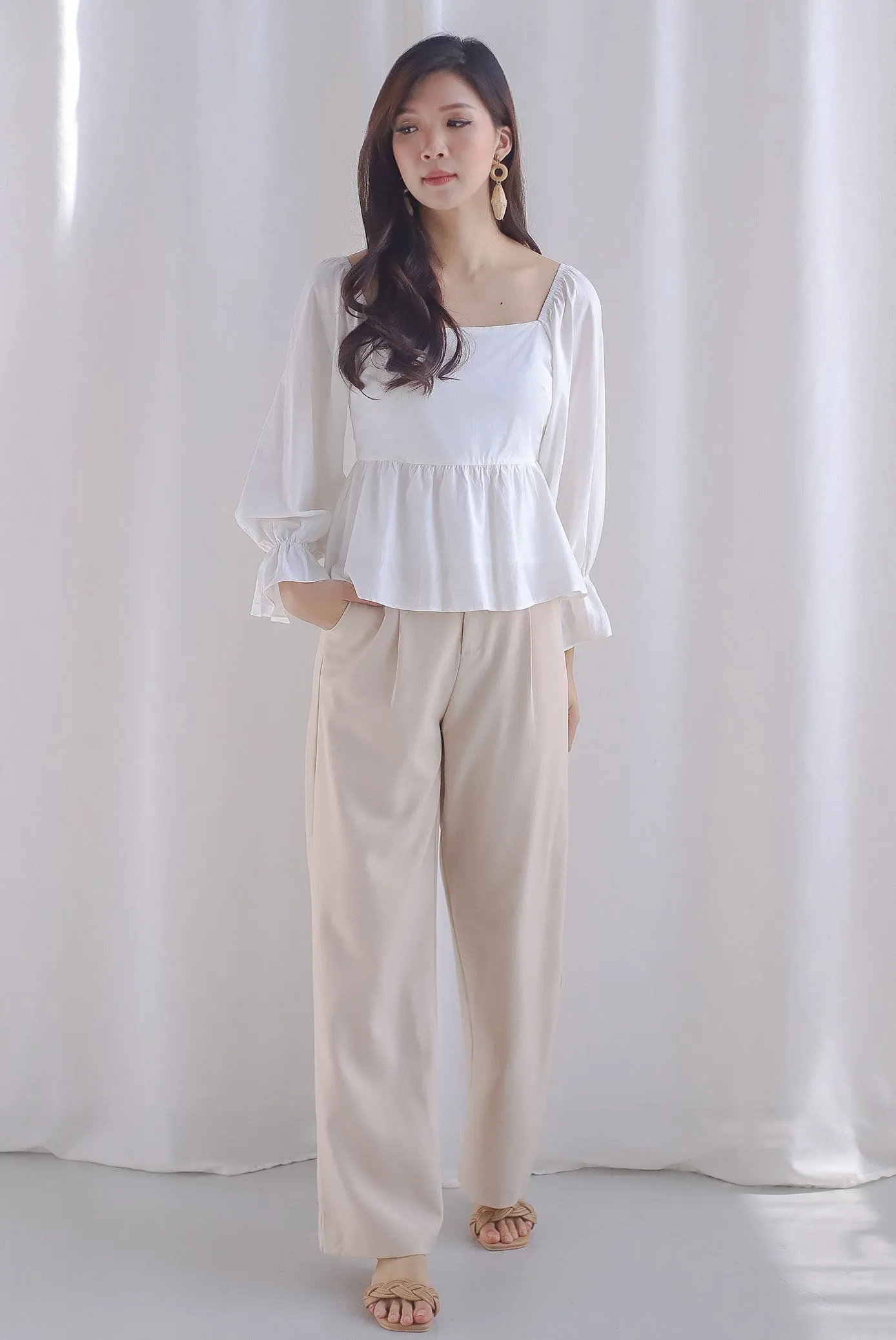 Santino Puffy Sleeve Square Neckline Peplum Top In White