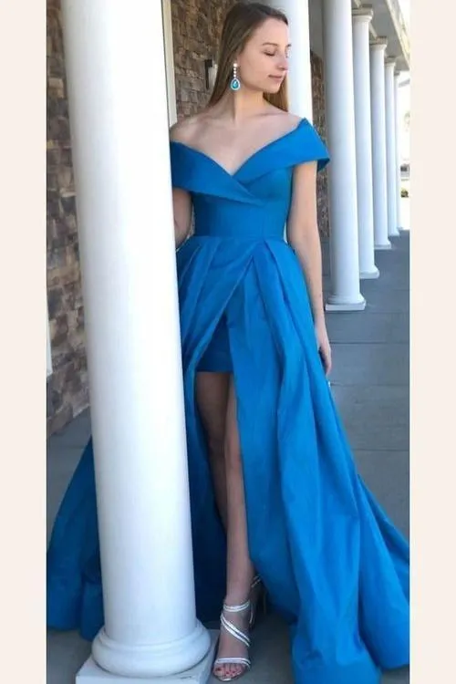 Satin Blue Prom Gown Off-the-shoulder Maxi Dress with Fitted Skirt Inside
