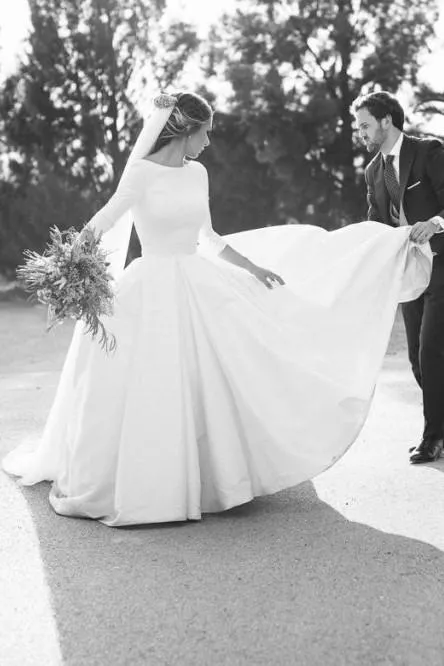 Satin Cathedral Train Wedding Dresses with Sleeves
