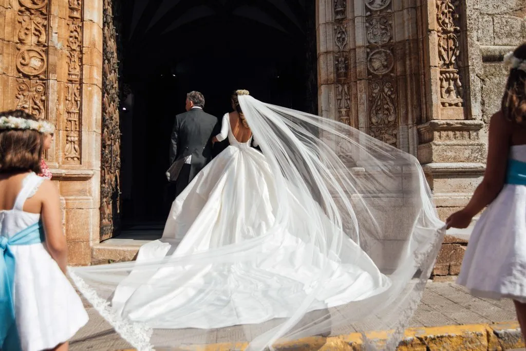 Satin Cathedral Train Wedding Dresses with Sleeves