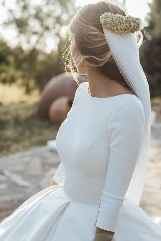 Satin Cathedral Train Wedding Dresses with Sleeves