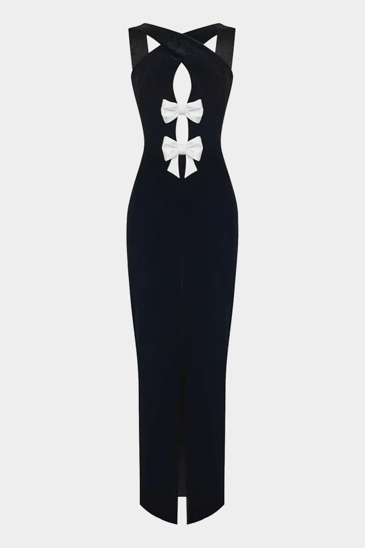 Satin Maxi Dress with Bows and Cutouts in Black