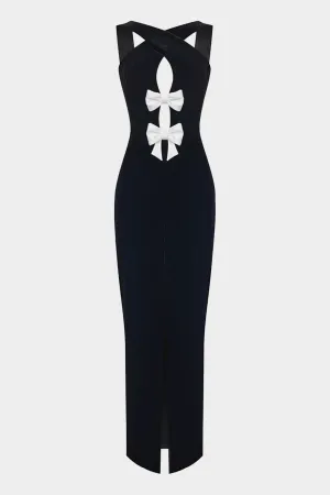 Satin Maxi Dress with Bows and Cutouts in Black
