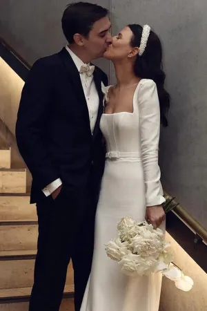 Satin Sheath Long Sleeves Wedding Dresses With Train, Wedding Gowns, MW855