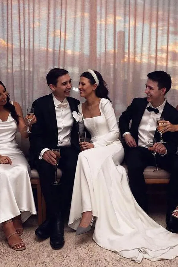 Satin Sheath Long Sleeves Wedding Dresses With Train, Wedding Gowns, MW855