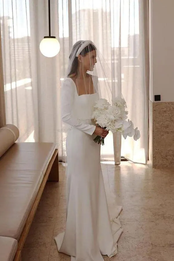 Satin Sheath Long Sleeves Wedding Dresses With Train, Wedding Gowns, MW855