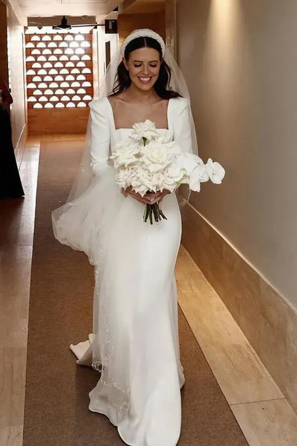 Satin Sheath Long Sleeves Wedding Dresses With Train, Wedding Gowns, MW855