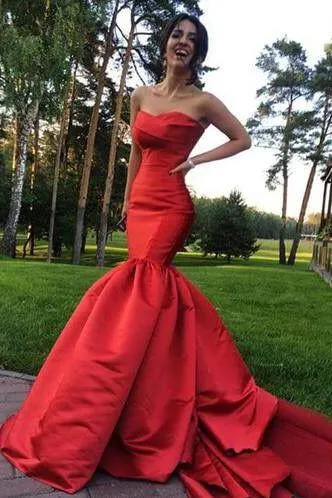 Satin Strapless Red Mermaid Dress for Prom with Open Back