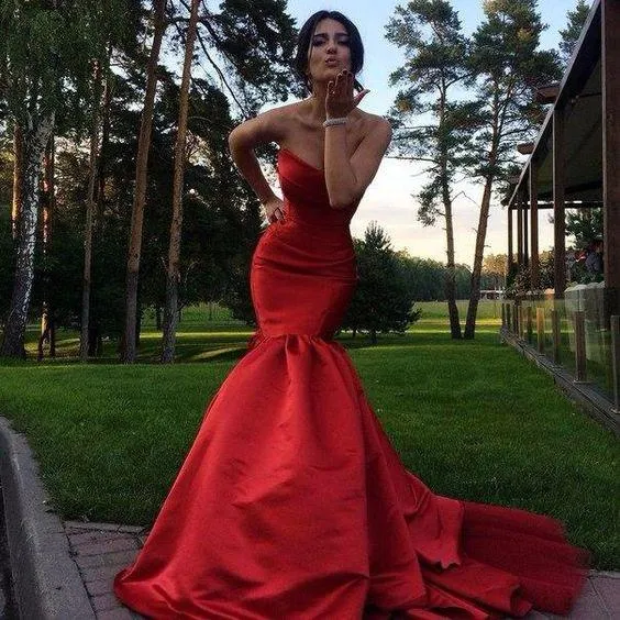 Satin Strapless Red Mermaid Dress for Prom with Open Back