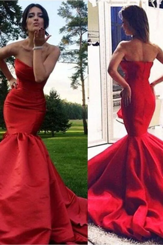 Satin Strapless Red Mermaid Dress for Prom with Open Back