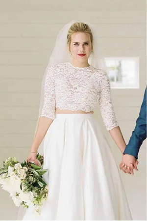 Satin Two Piece Half Sleeves Lace Top Wedding Dresses, Bridal Gowns, MW990