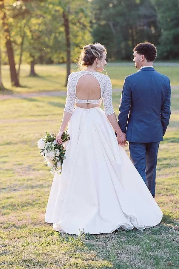 Satin Two Piece Half Sleeves Lace Top Wedding Dresses, Bridal Gowns, MW990