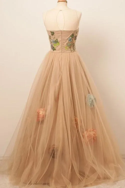 Satin&Tulle Prom Dresses Scoop Long Floor-length Evening Gowns with Flowers,MP555