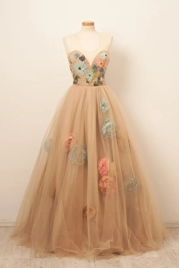 Satin&Tulle Prom Dresses Scoop Long Floor-length Evening Gowns with Flowers,MP555