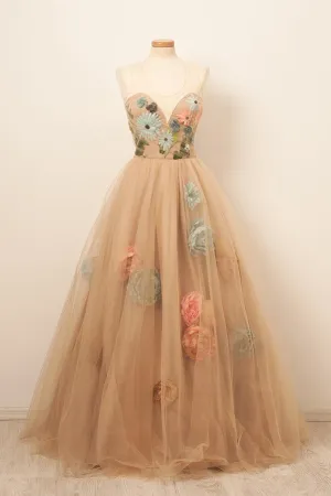 Satin&Tulle Prom Dresses Scoop Long Floor-length Evening Gowns with Flowers,MP555