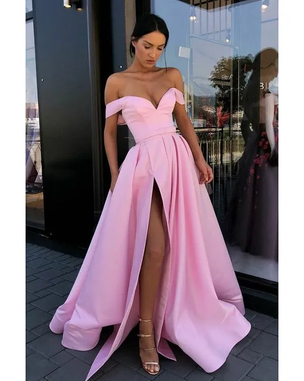 Sexy Off The Shoulder Satin Prom Dresses with Split Side 2019 Prom Party Gowns V-Neck