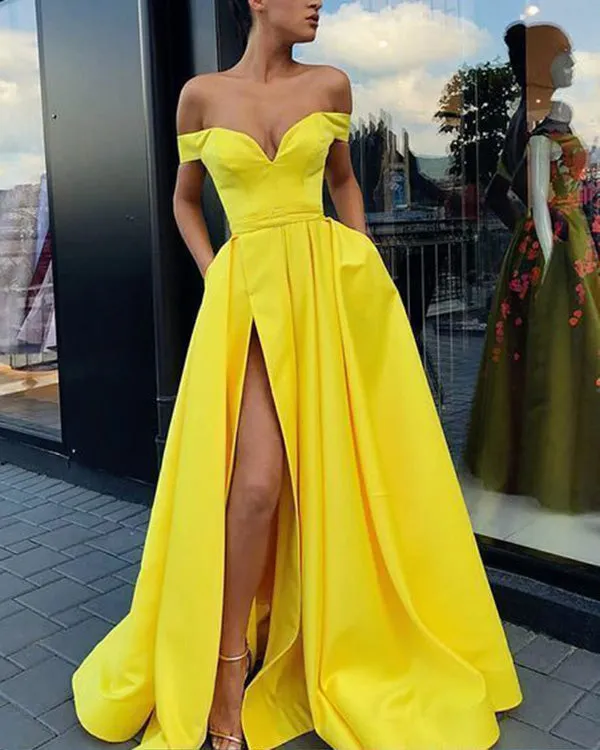 Sexy Off The Shoulder Satin Prom Dresses with Split Side 2019 Prom Party Gowns V-Neck