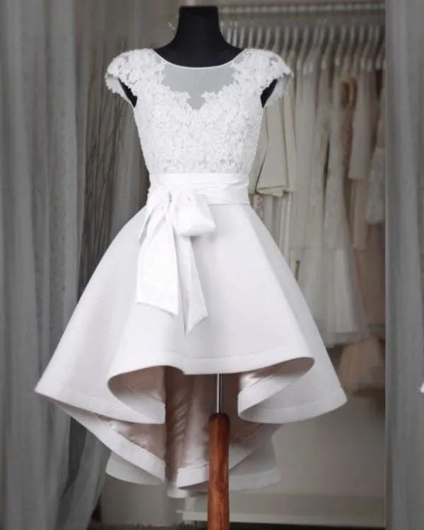 Sexy White Hi-Lo Prom Dresses with Cap Sleeve 2018 Long Prom Gowns with Bow Belt