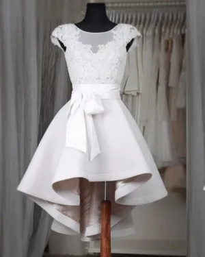 Sexy White Hi-Lo Prom Dresses with Cap Sleeve 2018 Long Prom Gowns with Bow Belt