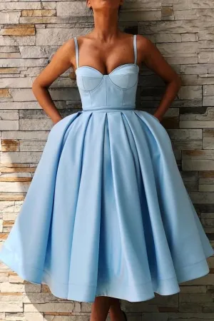Short Sky Blue Prom Dresses Sweetheart Satin Skirt