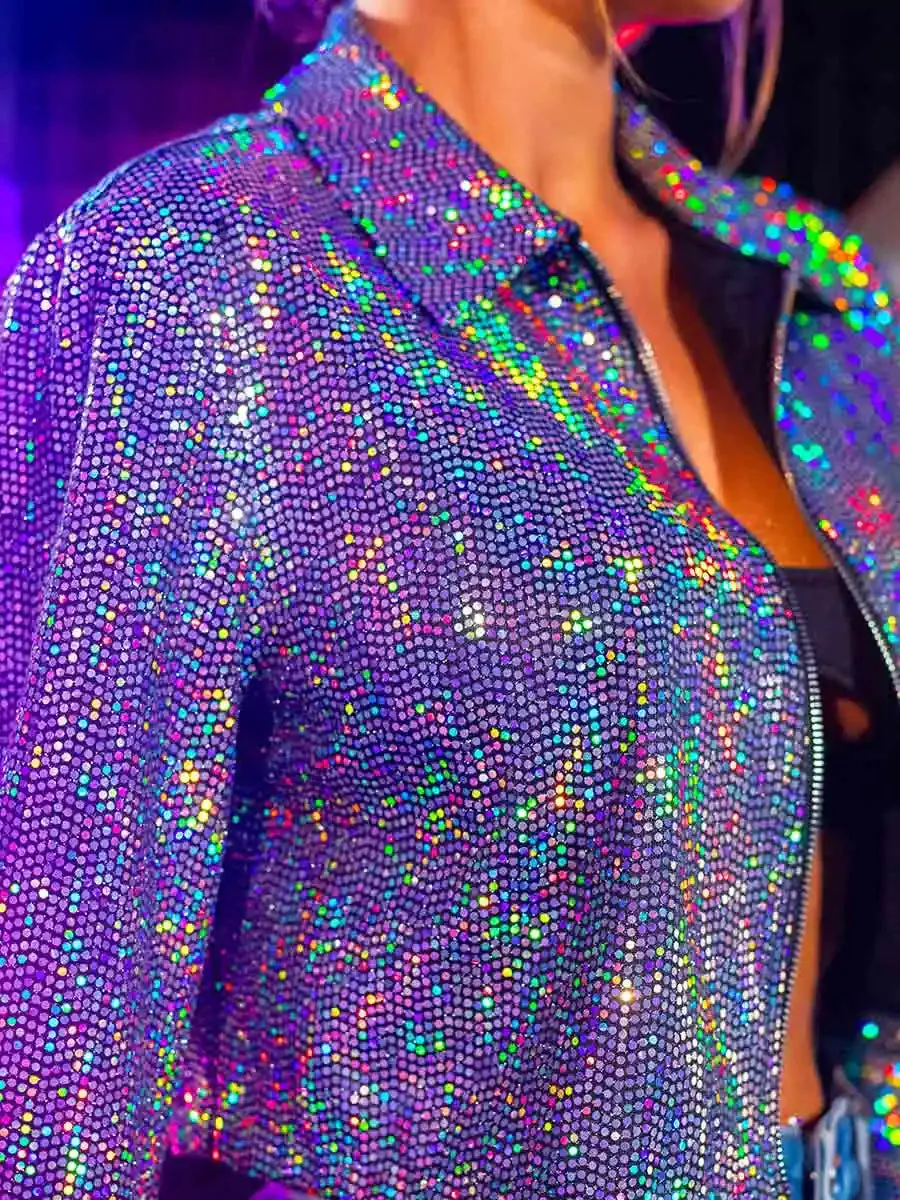 Silver Sequin Jacket Womens - Elegant Lapel Jacket
