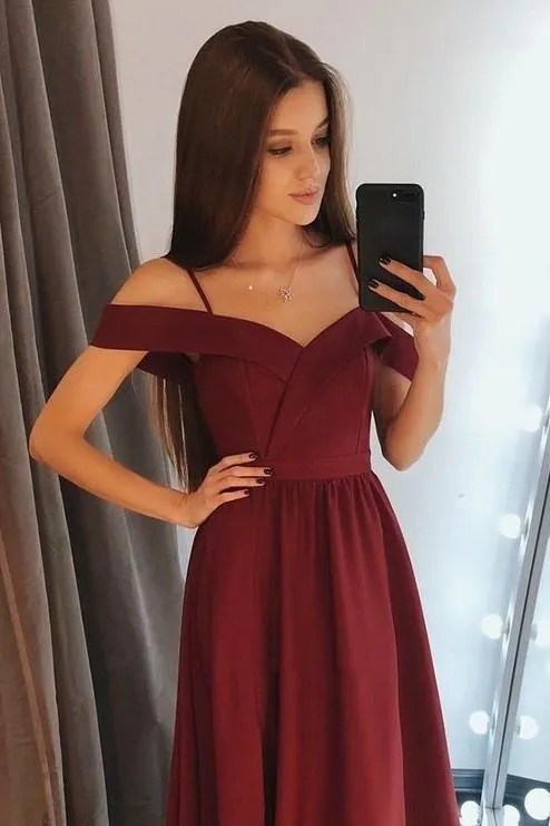 Simple Burgundy Evening Gown with Off-the-shoulder