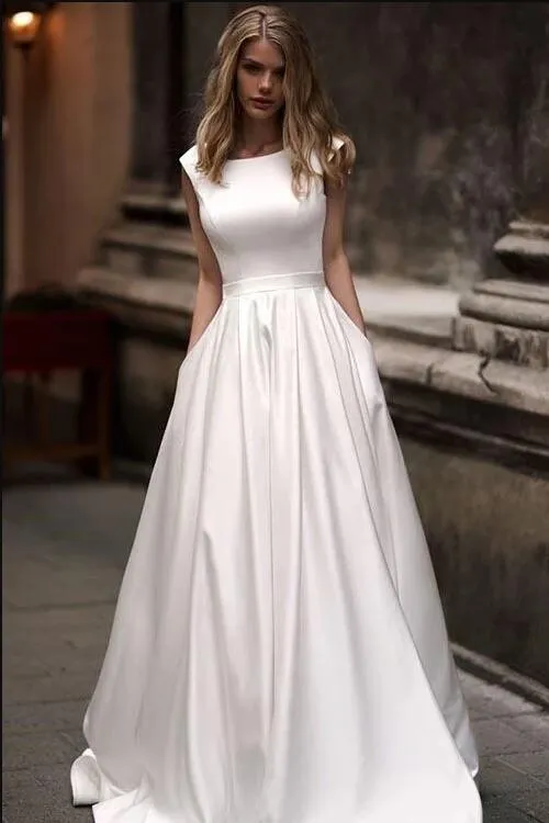 Simple Long Satin A-line Wedding Dresses with Pockets