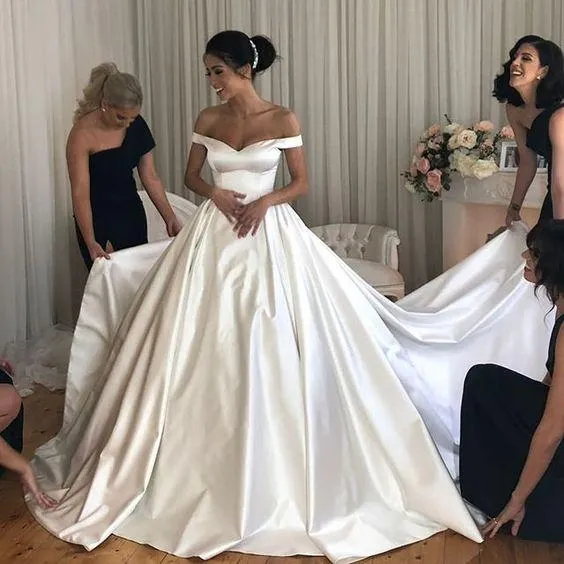 Simple Satin Bridal Gowns Long Train with Off-the-shoulder