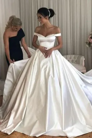 Simple Satin Bridal Gowns Long Train with Off-the-shoulder