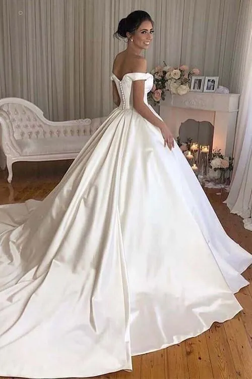 Simple Satin Bridal Gowns Long Train with Off-the-shoulder