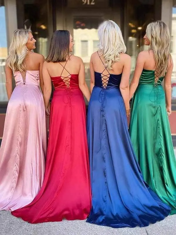 Simple Satin Spaghetti Straps Lace up Back Prom Dresses, Evening Gowns, MP672