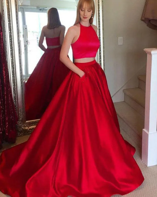 Simple Two Piece Prom Dresses 2018 New Elastic Satin Long Prom Party Gowns Fashion