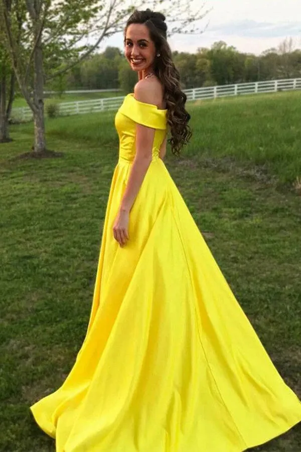 Simple Yellow A-line Off-the-shoulder Long Prom Dresses, Evening Dresses, SP681