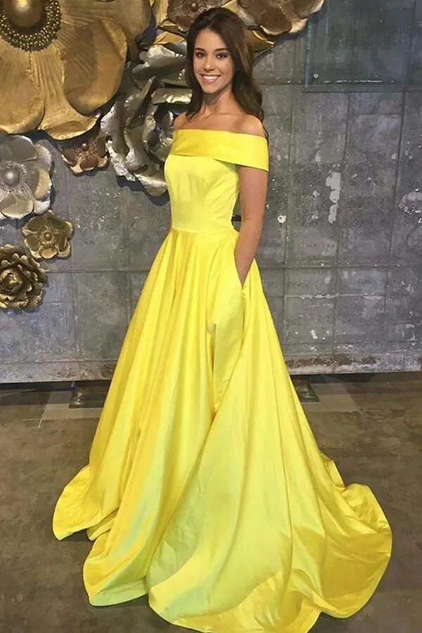 Simple Yellow A-line Off-the-shoulder Long Prom Dresses, Evening Dresses, SP681
