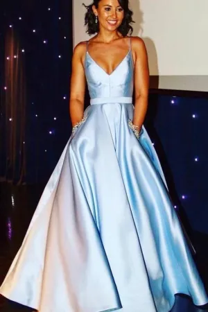 Sky-blue Satin Prom Gown with Beaded Pockets