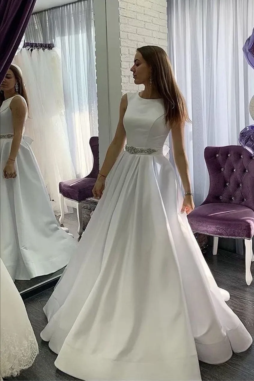 Sleeveless A-line Satin Wedding Dress with Pockets