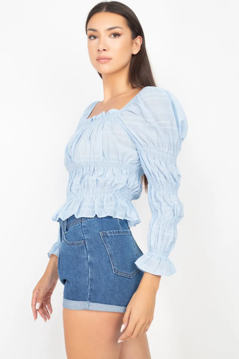 Smocking Plaid Pattern Crop Top