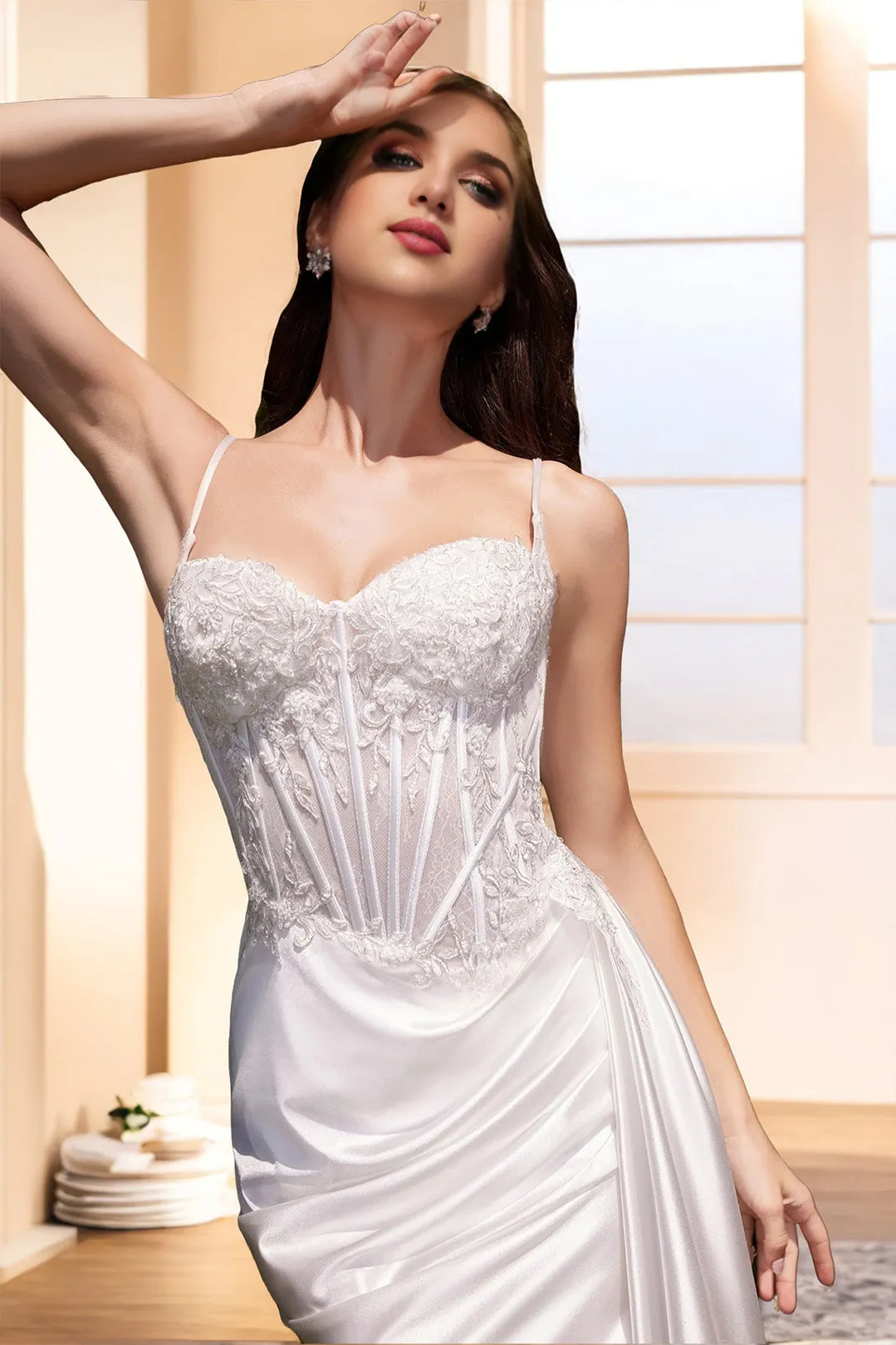 Spaghetti Straps Stretch Satin Ivory Slit Wedding Gown