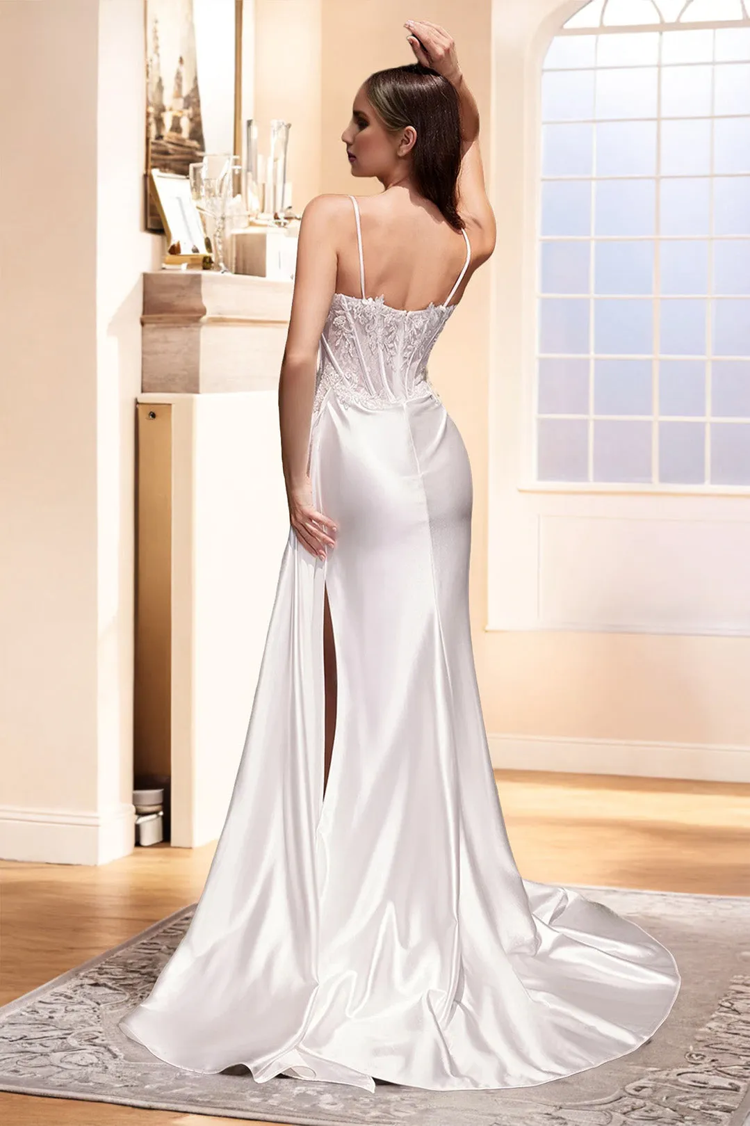 Spaghetti Straps Stretch Satin Ivory Slit Wedding Gown