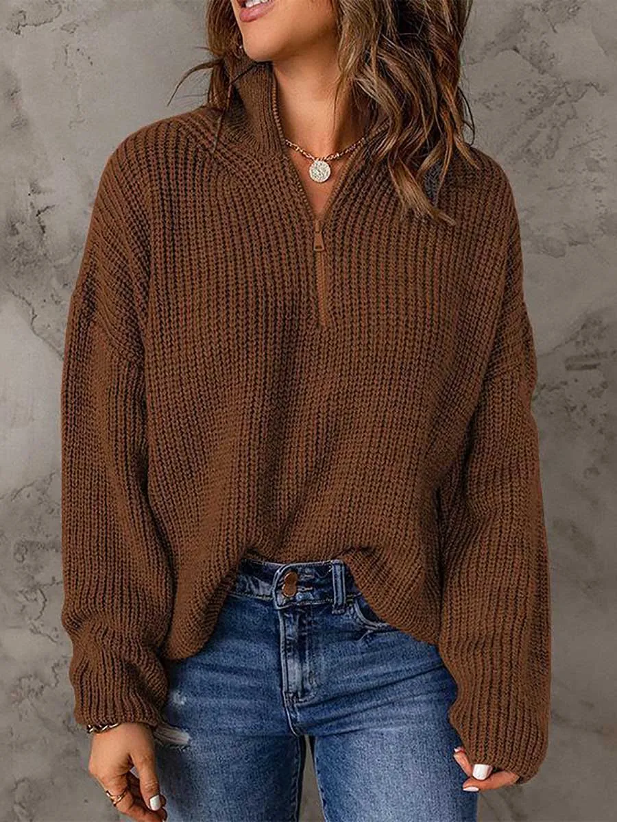 Stunncal High Neck Zipper Loose Sweater